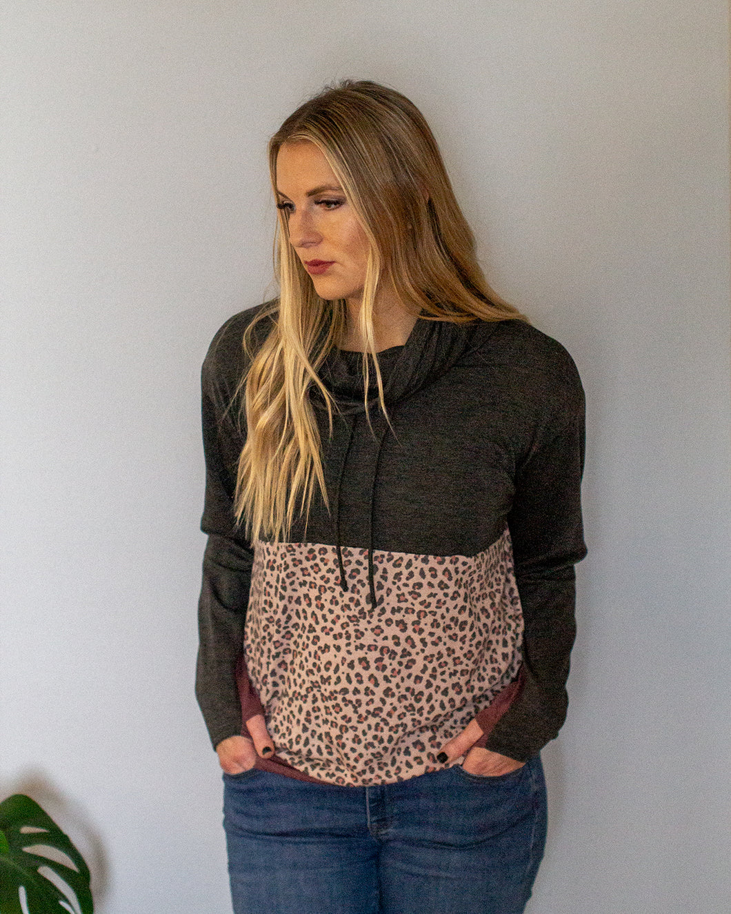 Turtle Neck Drawstring Color Block Top - Charcoal